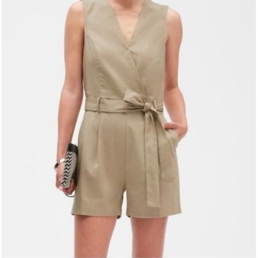 Banana Republic Womens Khaki Tan Linen Blend Sleeveless Tie Waist Romper Size 10